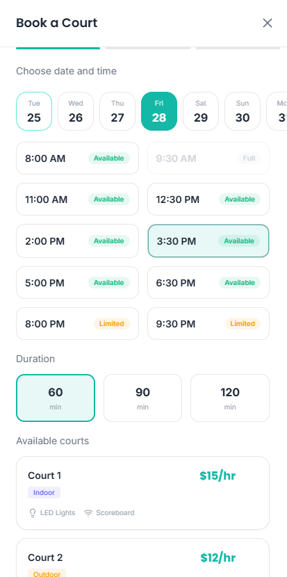 CourtNexa member app booking flow showing available court times, duration selection and court pricing
