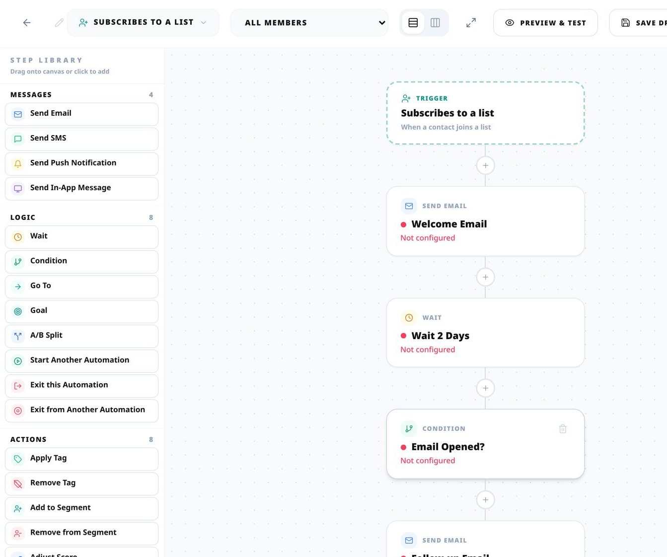 CourtNexa automation builder canvas with a trigger, conditions and follow-up actions