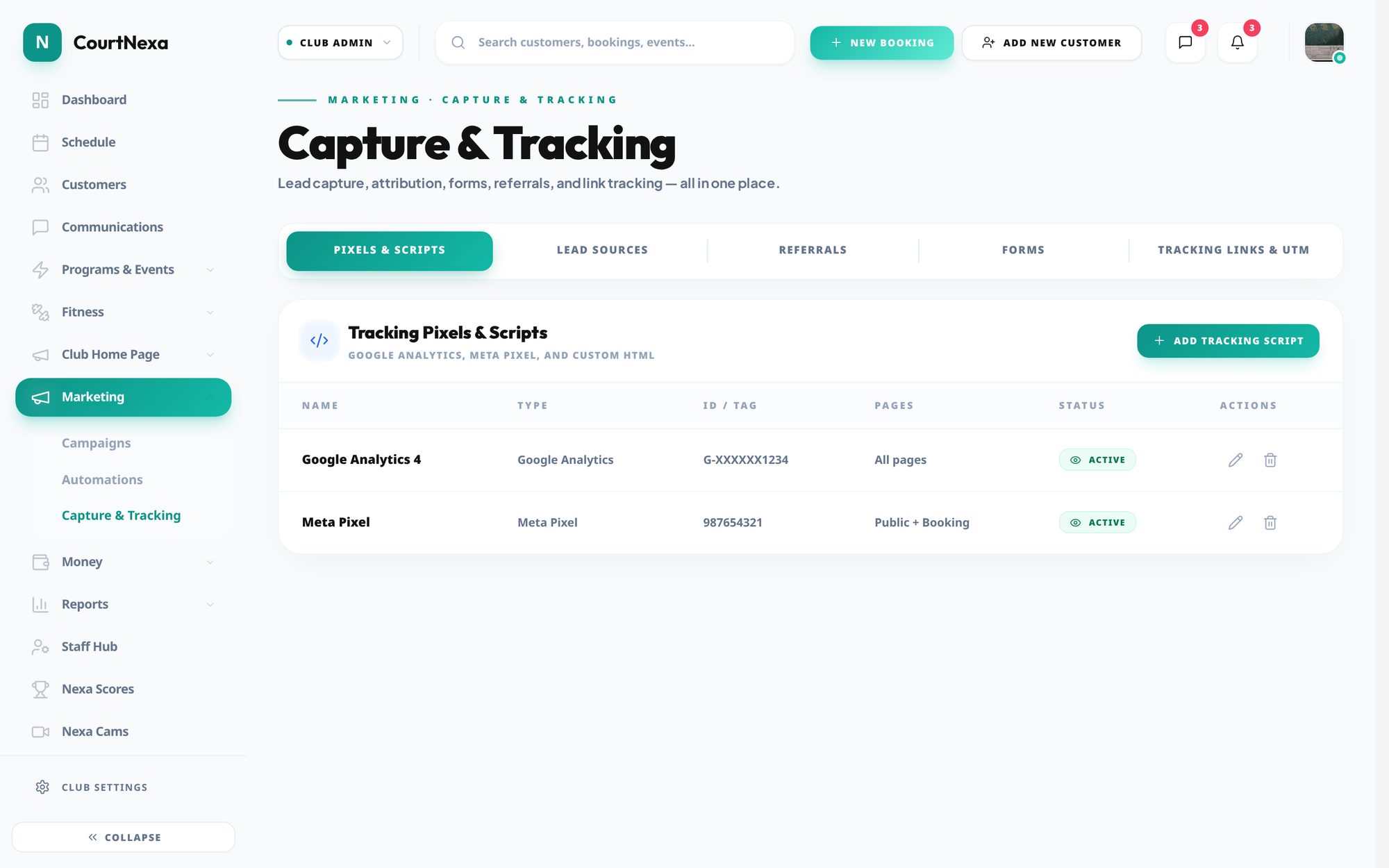 CourtNexa capture and tracking screen with tracking pixels, lead sources and forms