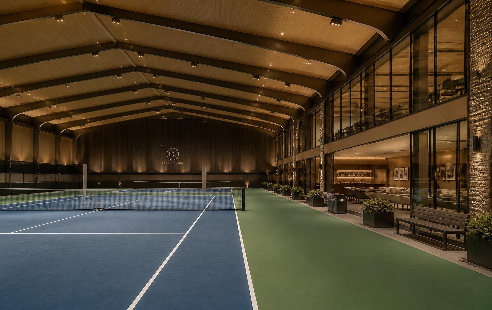 Courts and clubhouse interior at a premium private racquet club