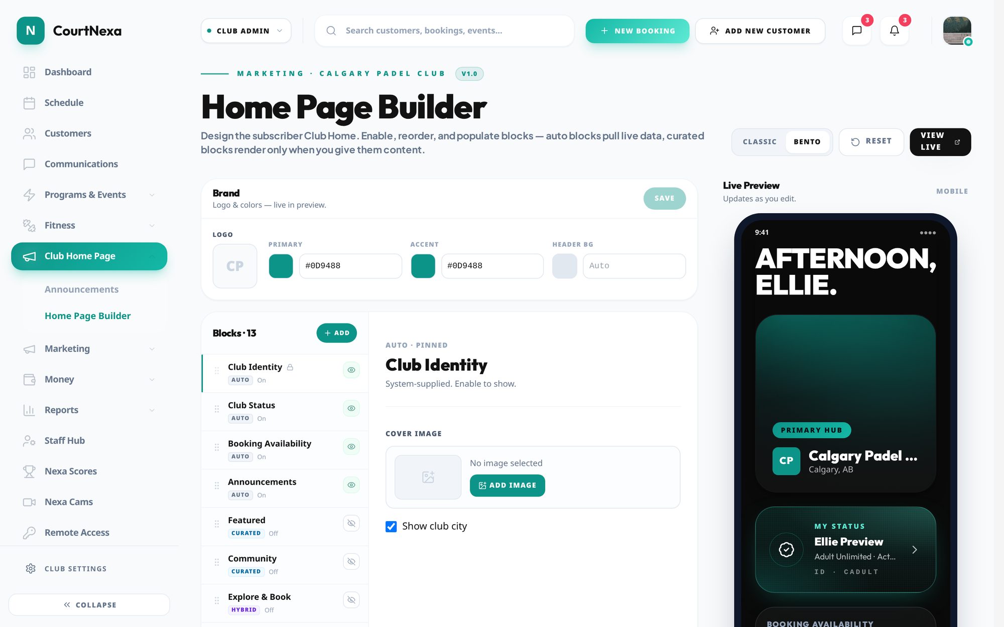 CourtNexa club home page builder used to customise the member app