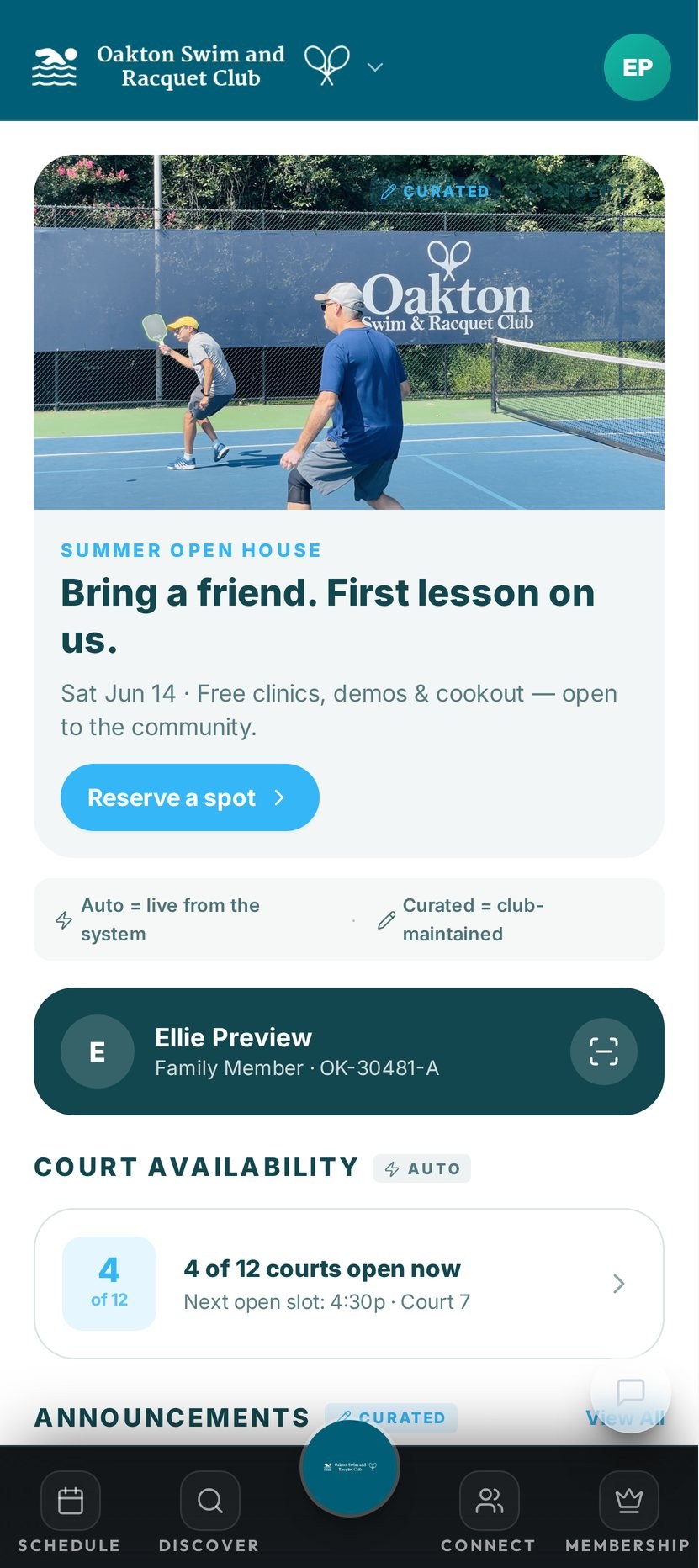 CourtNexa member app home screen branded for Oakton Swim and Racquet Club, showing club news, member ID and live court availability