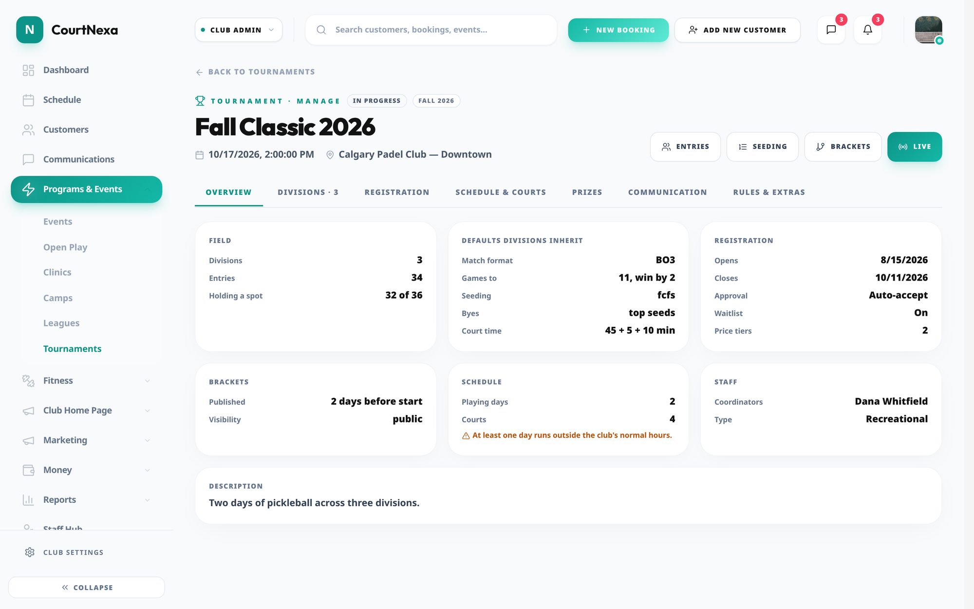 CourtNexa tournament management screen showing divisions, entries, seeding and brackets